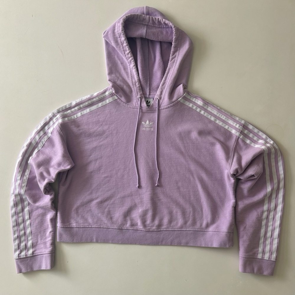 Adidas Lilac Cropped 3-Stripe Hoodie | Sporty Fall/Winter Athleisure Pullover XS